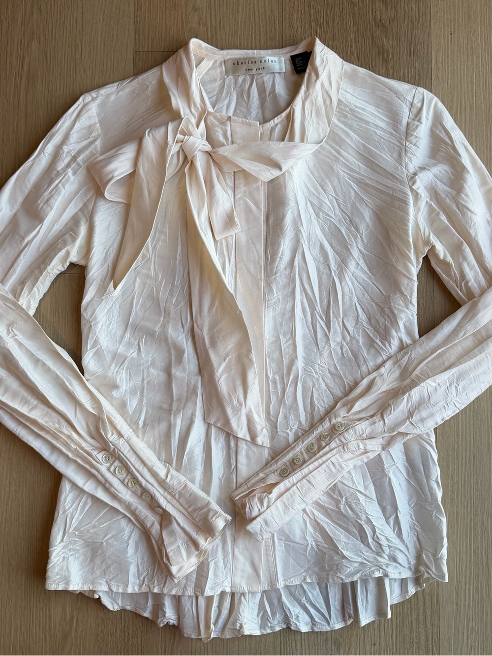 Charles Nolan 100% Silk Cream Tie-Neck Long Sleeve Blouse Size 4